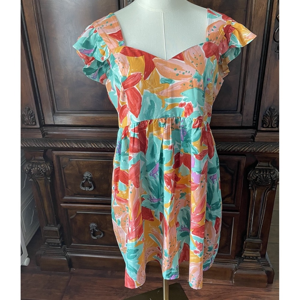 JODIFL Abstract Floral Babydoll Dress Women's S Flutter Sleeve Square Neck Boho